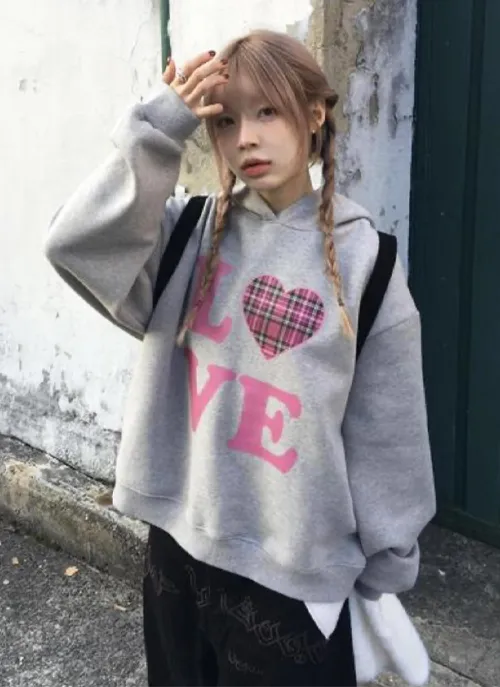 裏起毛チェックハートLOVEロゴパーカー | 詳細画像1