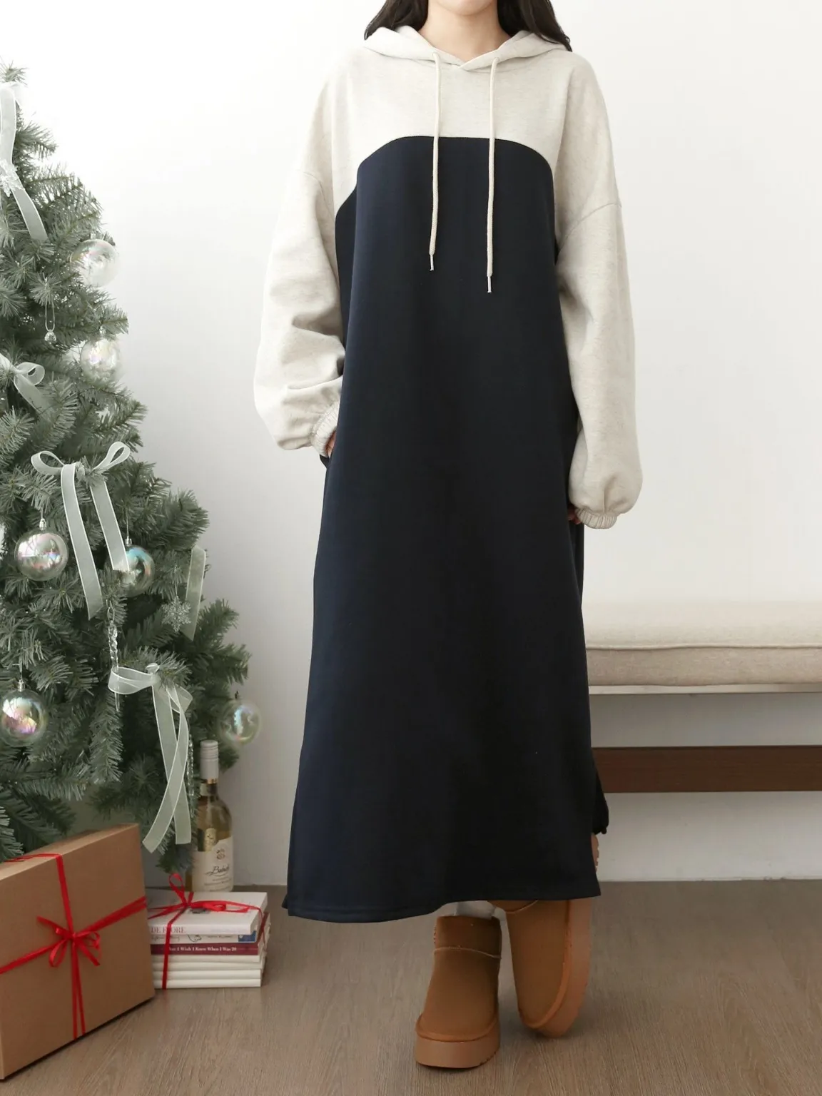 裏起毛バイカラーパーカーワンピース | 詳細画像1