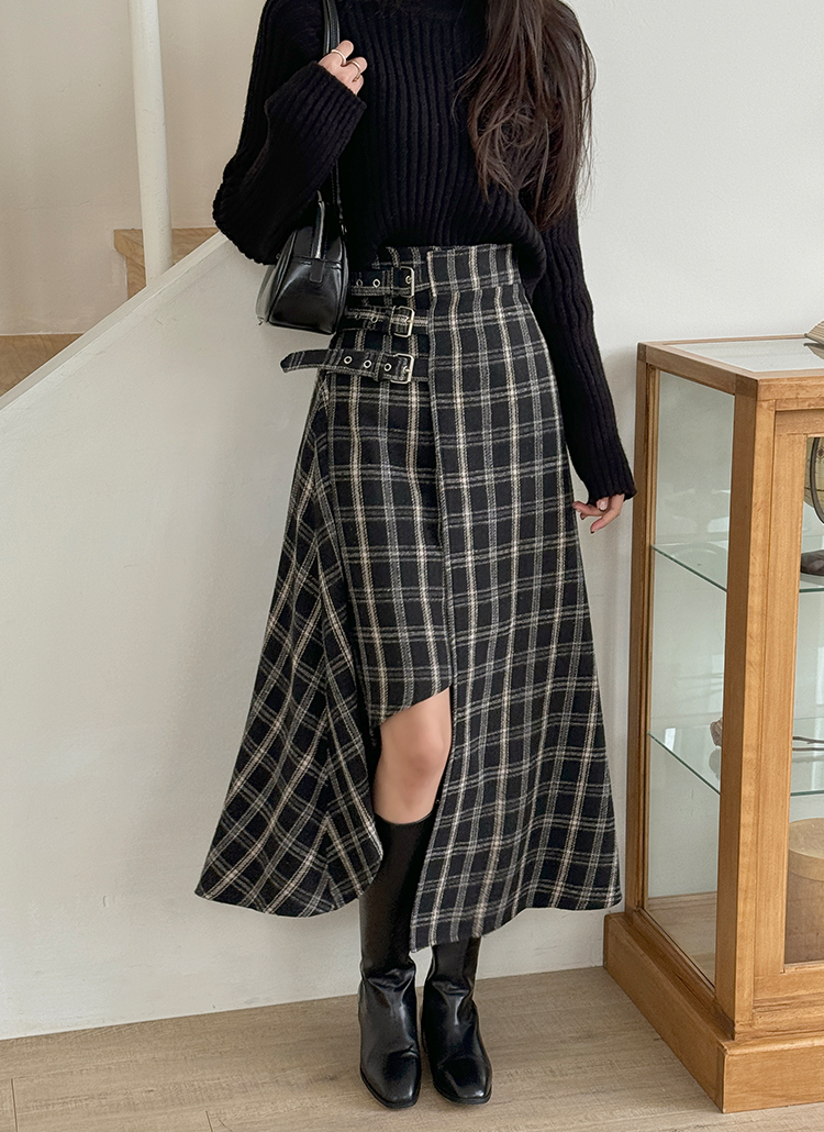 サイドベルトアンバランスチェックスカート | レディースファッション
