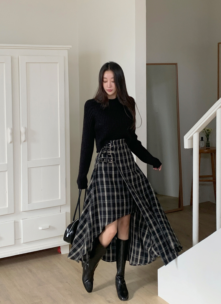 サイドベルトアンバランスチェックスカート | レディースファッション