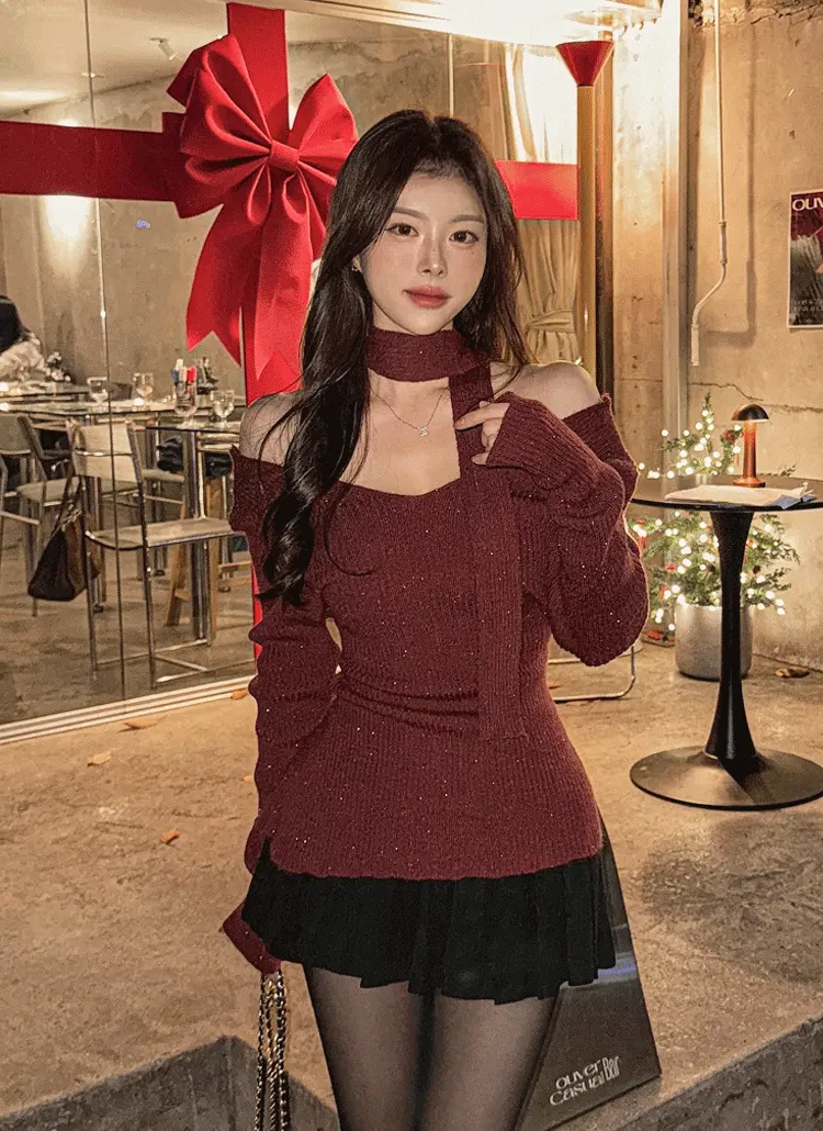 ボウタイ付Vネックスリットグリッターニット | highclassic | 詳細画像1