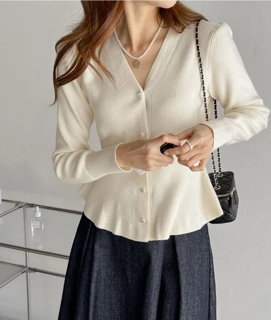 パール調ボタンペプラムリブカーディガン | 詳細画像1