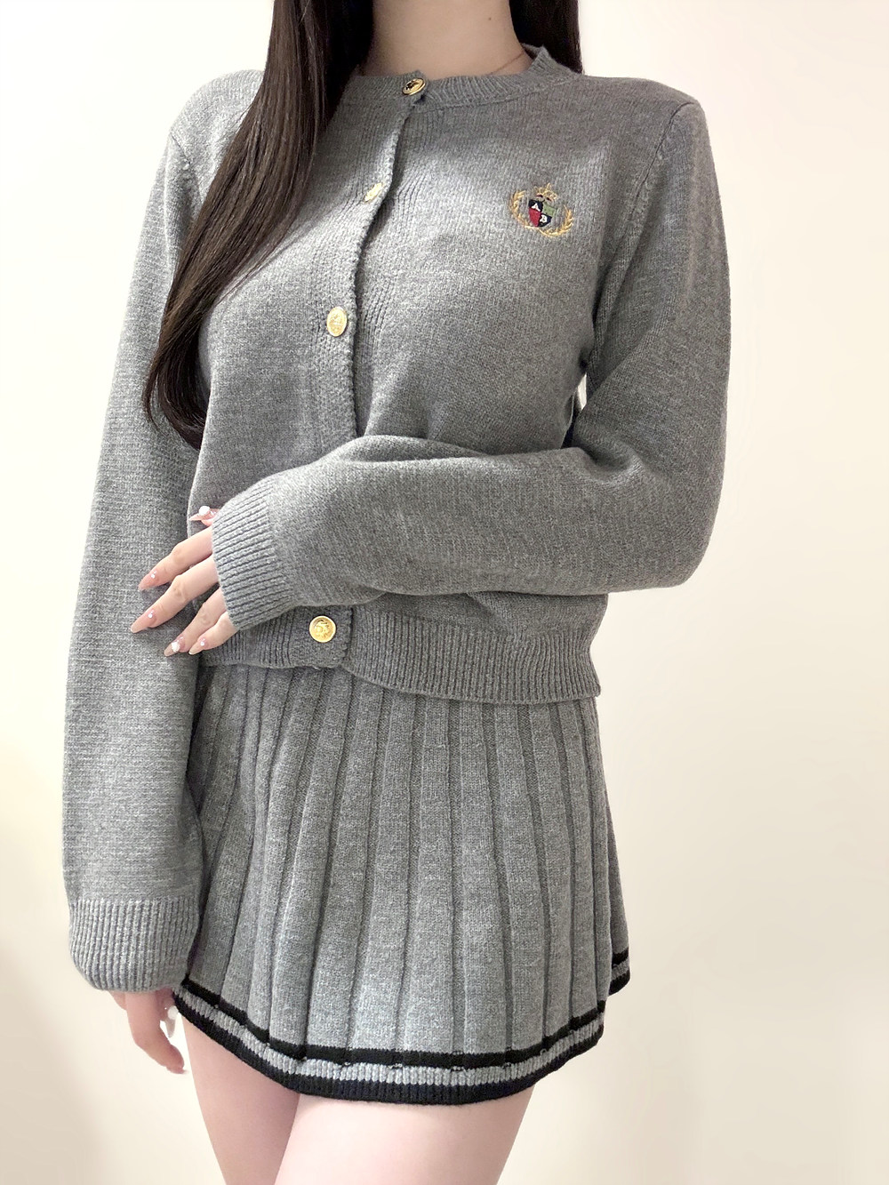 刺繍ロゴニットカーディガン&配色プリーツミニスカートSET | 詳細画像3