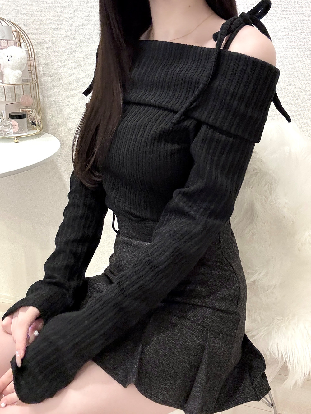リボンオフショルダーラップリブTシャツ | 詳細画像2