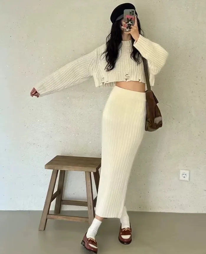 ダメージクロップドニット&スリットリブスカートSET | 詳細画像1