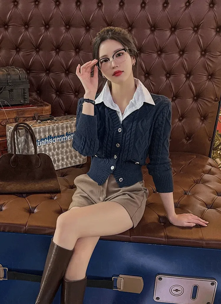 シャツレイヤードケーブルカーデ風ニット | highclassic | 詳細画像1
