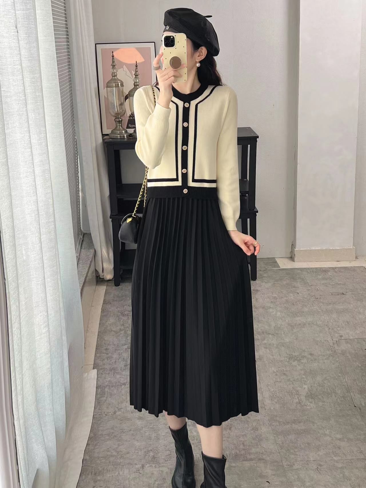 配色ボタンニットプリーツコンビワンピース | 詳細画像3