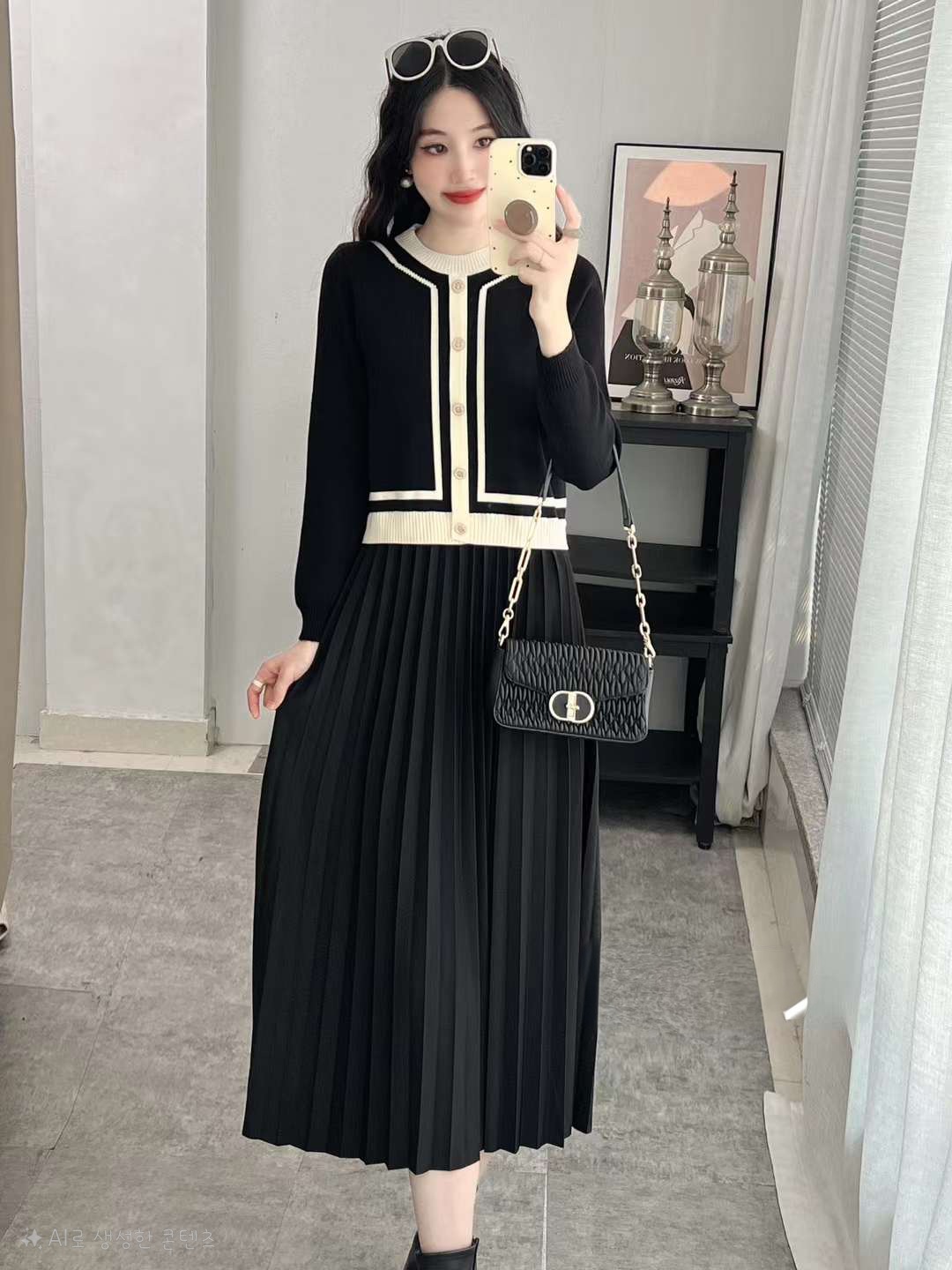 配色ボタンニットプリーツコンビワンピース | 詳細画像4