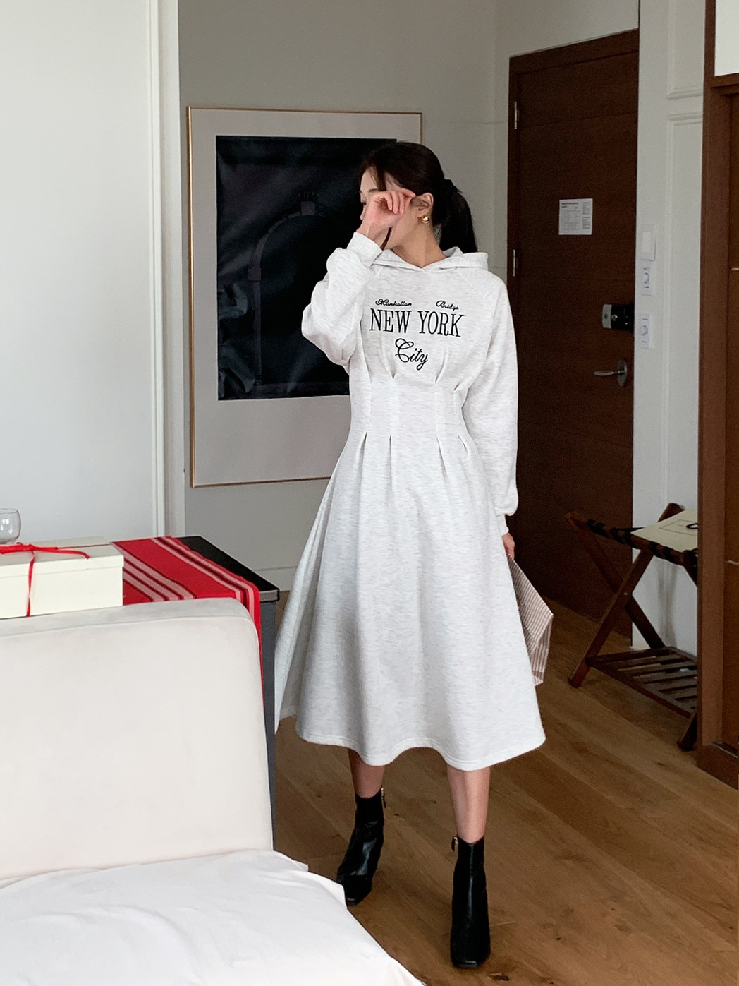 裏起毛NEW YORK刺繡タックラグランパーカーワンピース | 詳細画像16