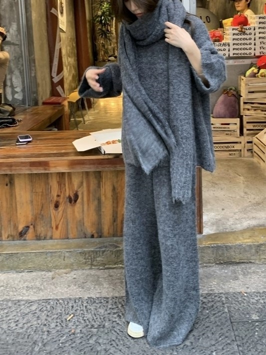 マフラー付ウール混ルーズニット&ワイドパンツSET | レディース マフラー付ウール混ルーズニット&ワイドパンツSET | レディース