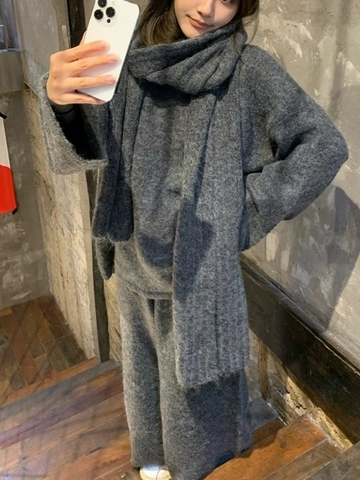 マフラー付ウール混ルーズニット&ワイドパンツSET | 詳細画像12
