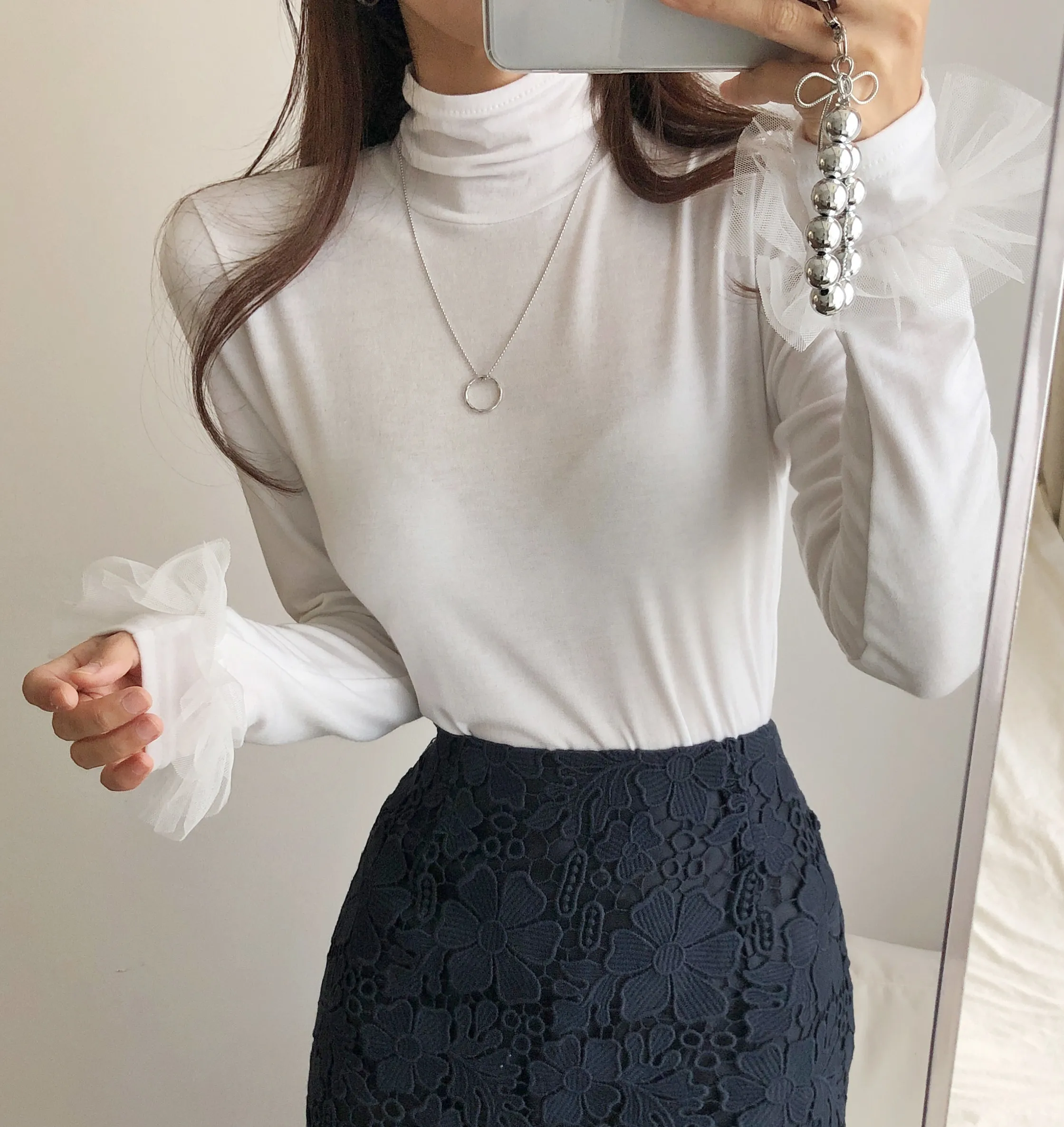 裏起毛チュールベルカフスハイネックTシャツ | 詳細画像1