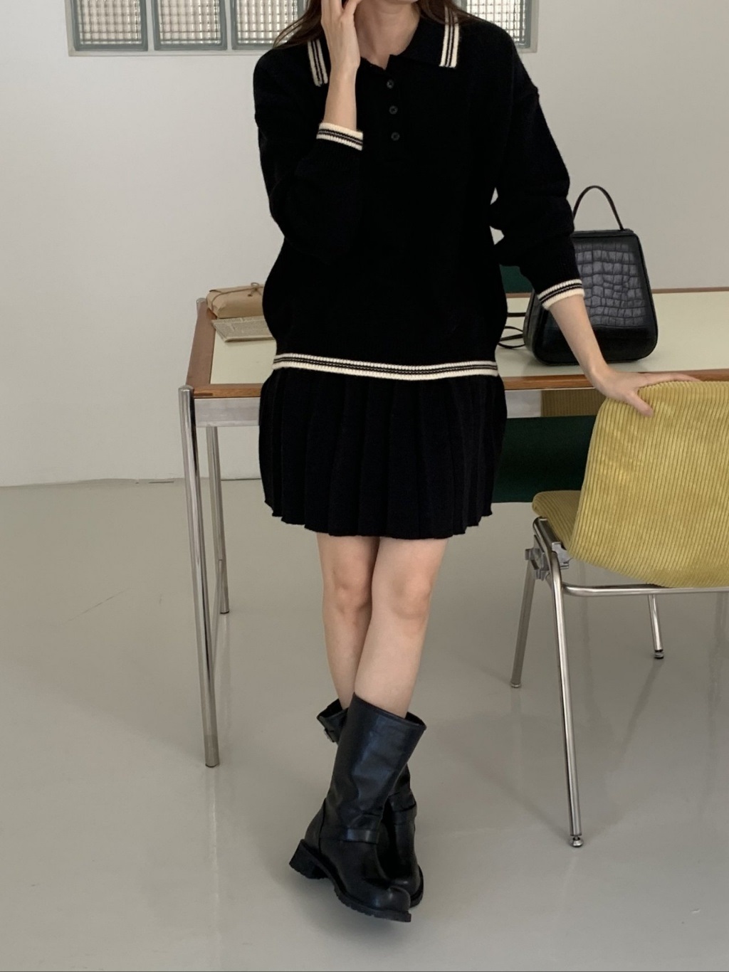 配色ラインポロカラーニット&プリーツミニスカートSET | 詳細画像5