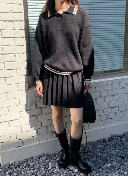 配色ラインポロカラーニット&プリーツミニスカートSET | 詳細画像1