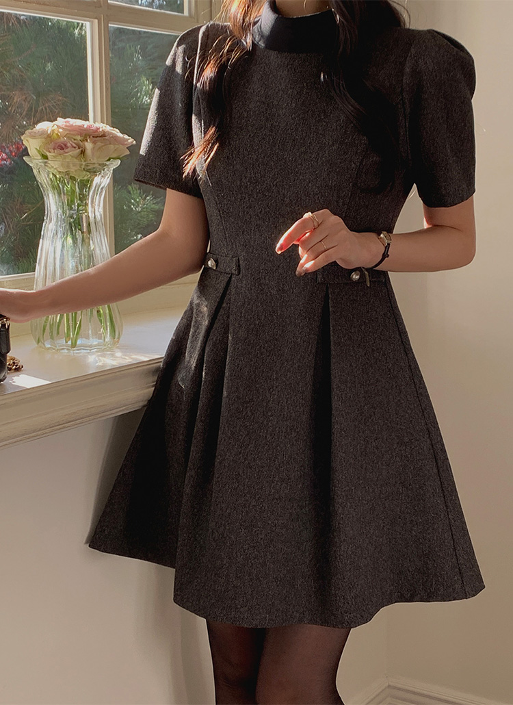 ツイードパフ半袖タックAラインミニワンピース | レディース