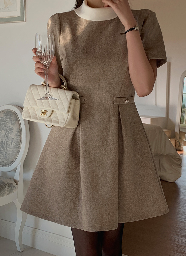 ツイードパフ半袖タックAラインミニワンピース | レディース