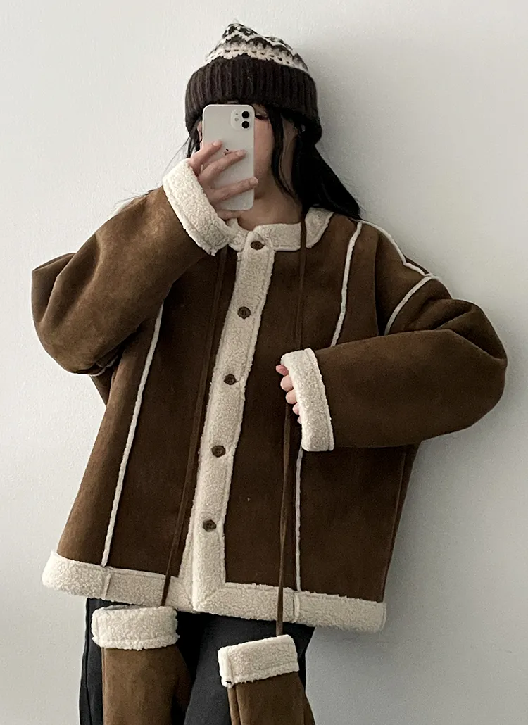 ストラップミトン手袋付ムートン調ノーカラージャケット | hijjoo | 詳細画像1