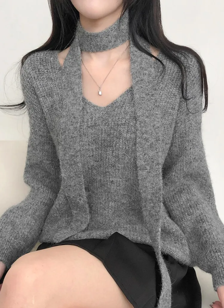 ボウタイ付Vネックウールブレンドニット | lilisense | 詳細画像1