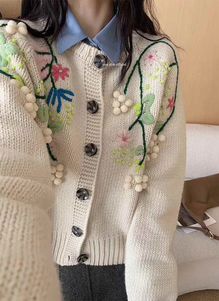 ポンポンフラワー刺繍ラグランカーディガン | 詳細画像1