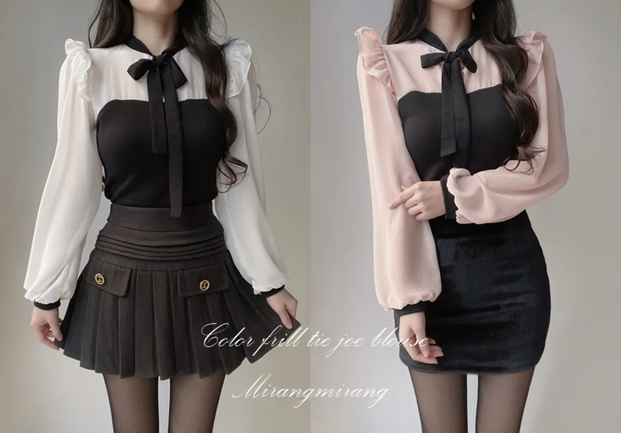 フリル配色ボウタイブラウス | mirangmirang | 詳細画像1