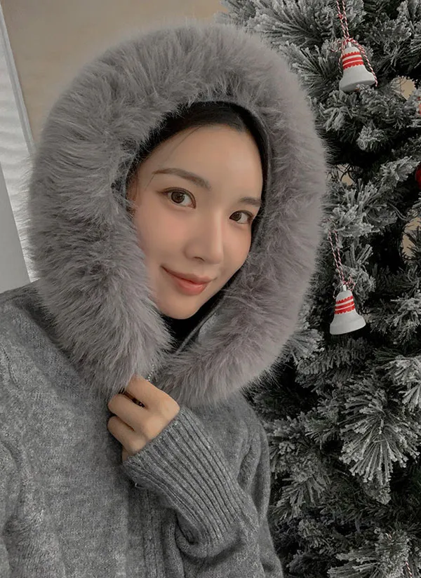 エコファーフードジップアップニットカーディガン | レディース  