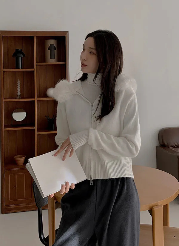 エコファーフードジップアップニットカーディガン | レディース  