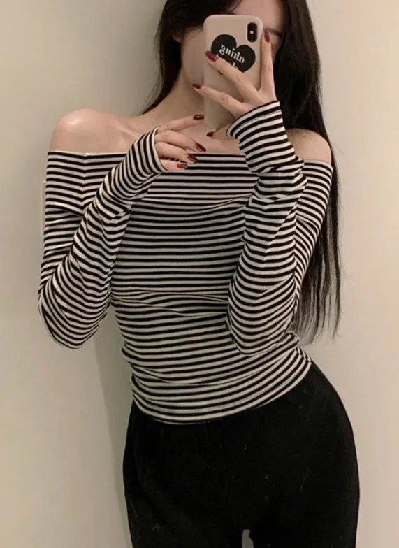 ボーダーオフショルダースリムTシャツ | 詳細画像1