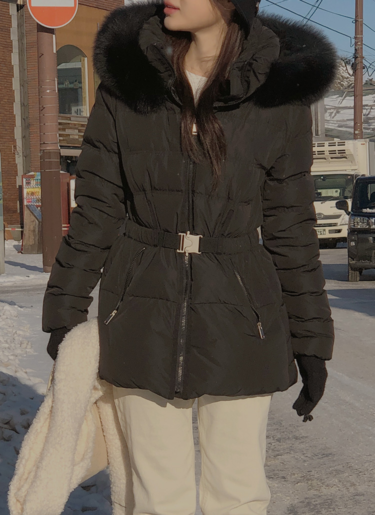 ベルト付ハイネックファーフードダウンジャンパー | レディース