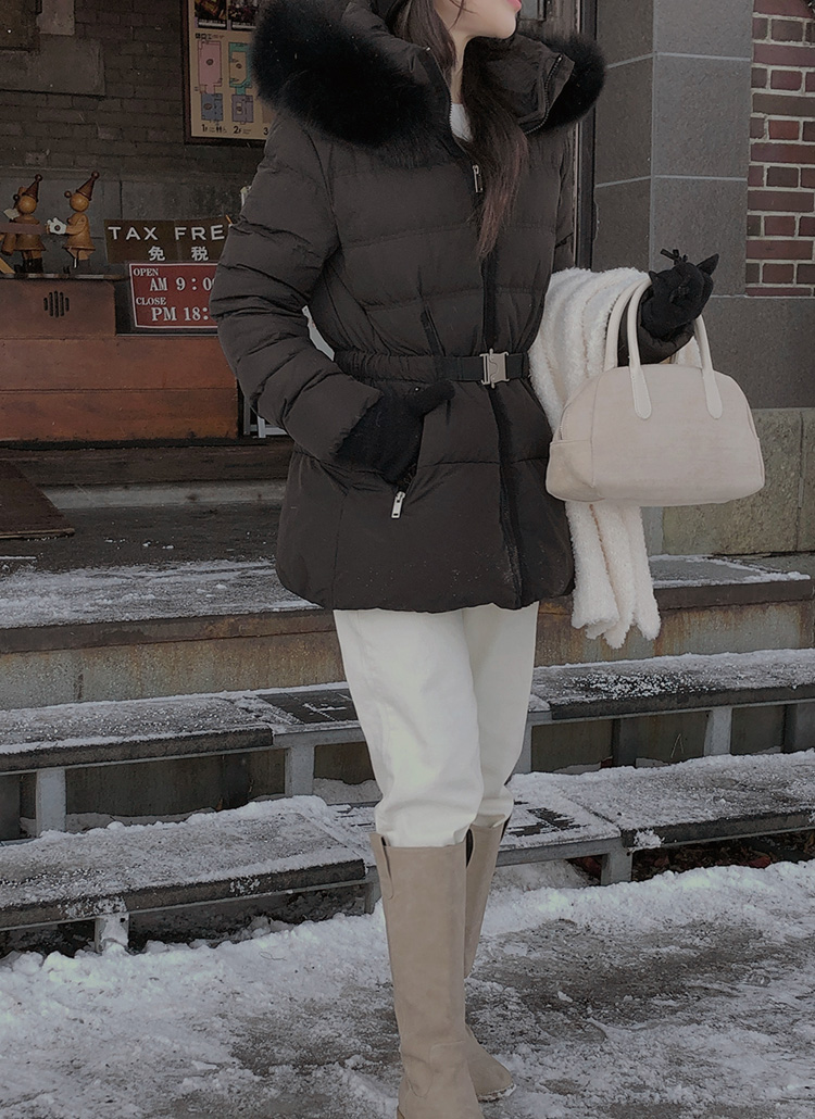 ベルト付ハイネックファーフードダウンジャンパー | レディース