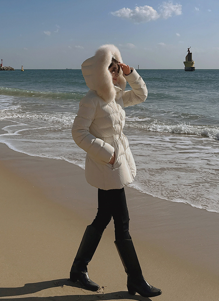 ベルト付ハイネックファーフードダウンジャンパー | レディース