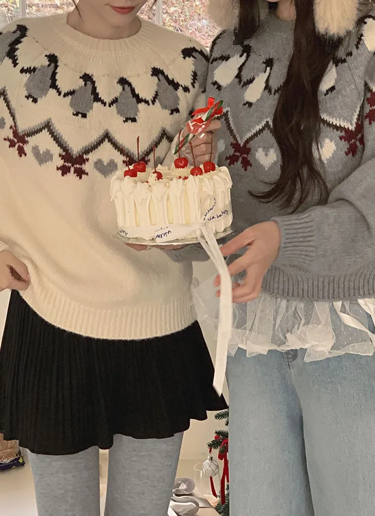 ウール混ペンギンハートノルディックラグランニット | hotping | 詳細画像1