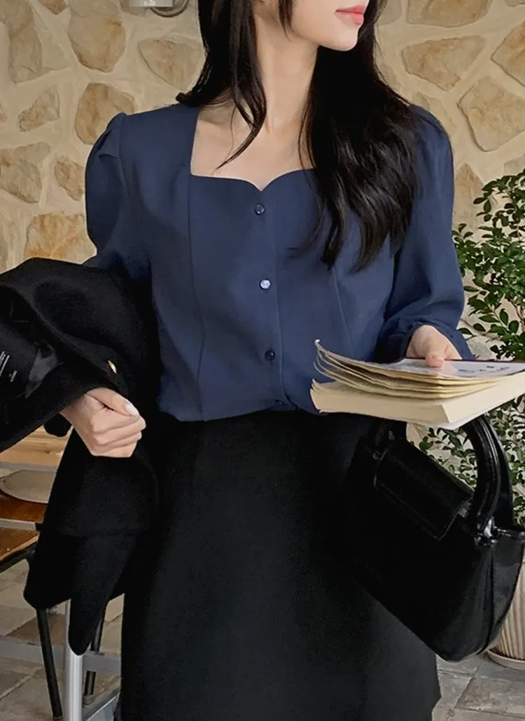 ピーチ起毛ハートネックボタンパフブラウス | hotping | 詳細画像1