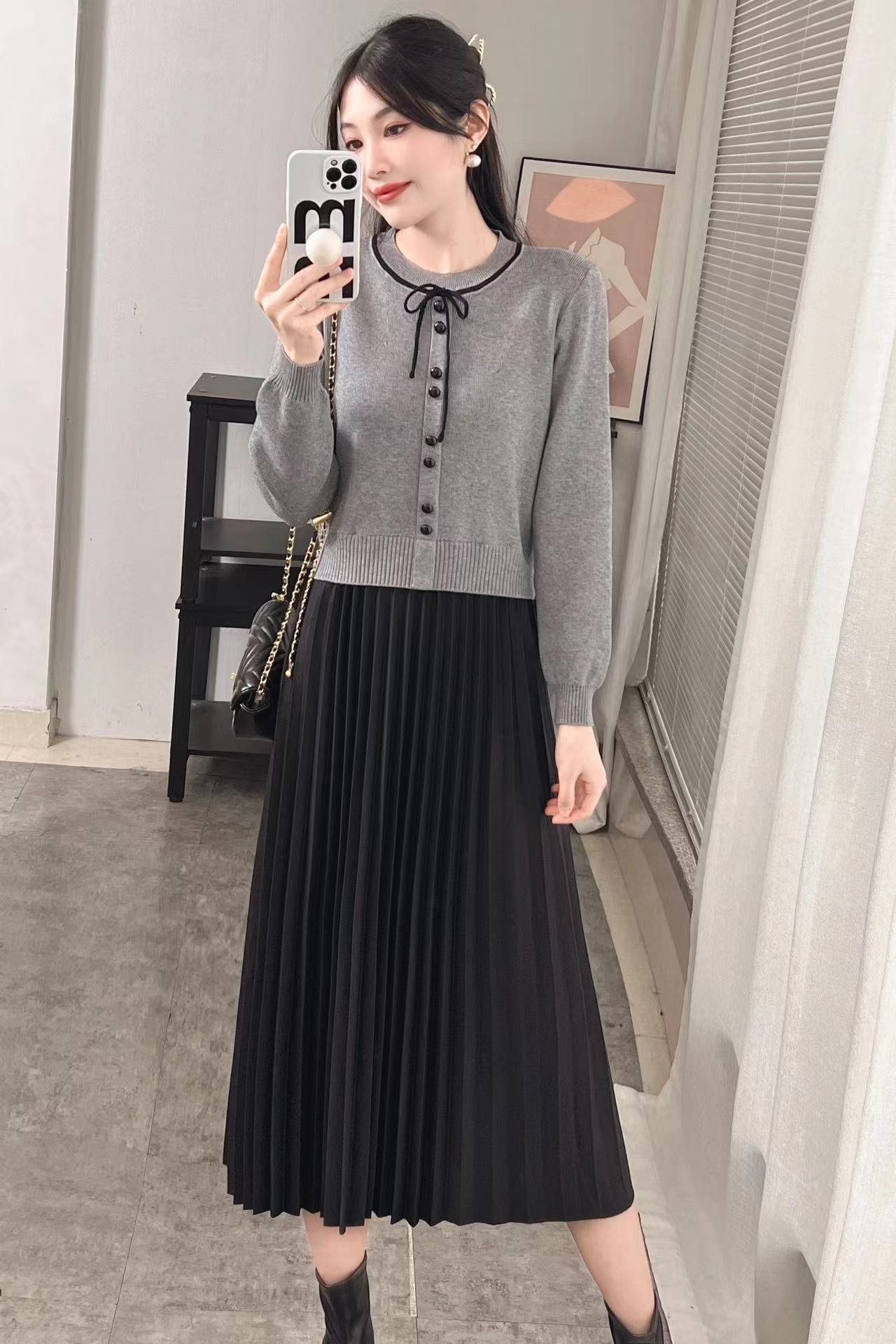 リボンボタンニットプリーツコンビワンピース | 詳細画像7