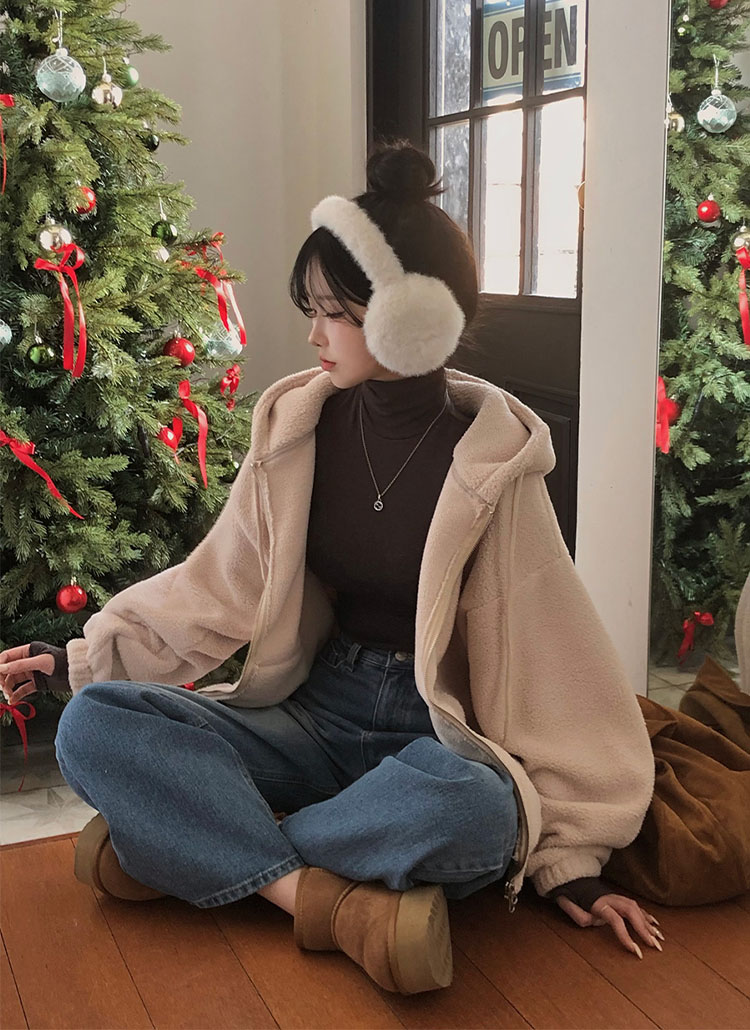 beidelli made]フリースダブルジップマフポケットフードジャンパー