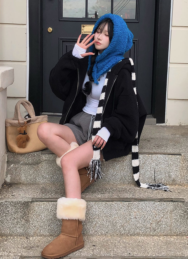 beidelli made]フリースダブルジップマフポケットフードジャンパー