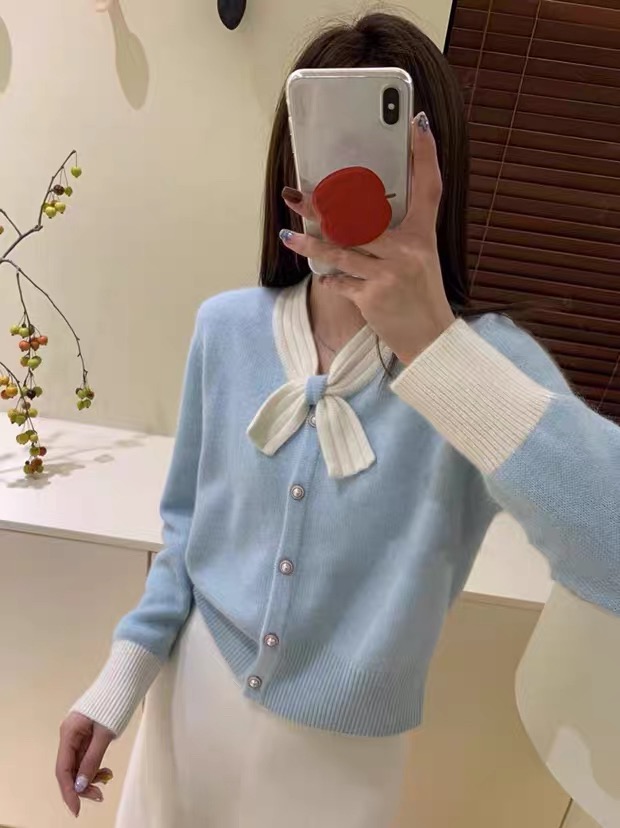 配色ボウタイパール調ボタンニットカーディガン | 詳細画像3