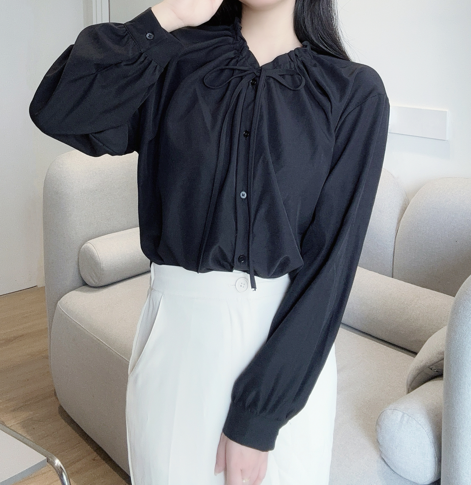 ドロストリボンネックボタンブラウス | 詳細画像3