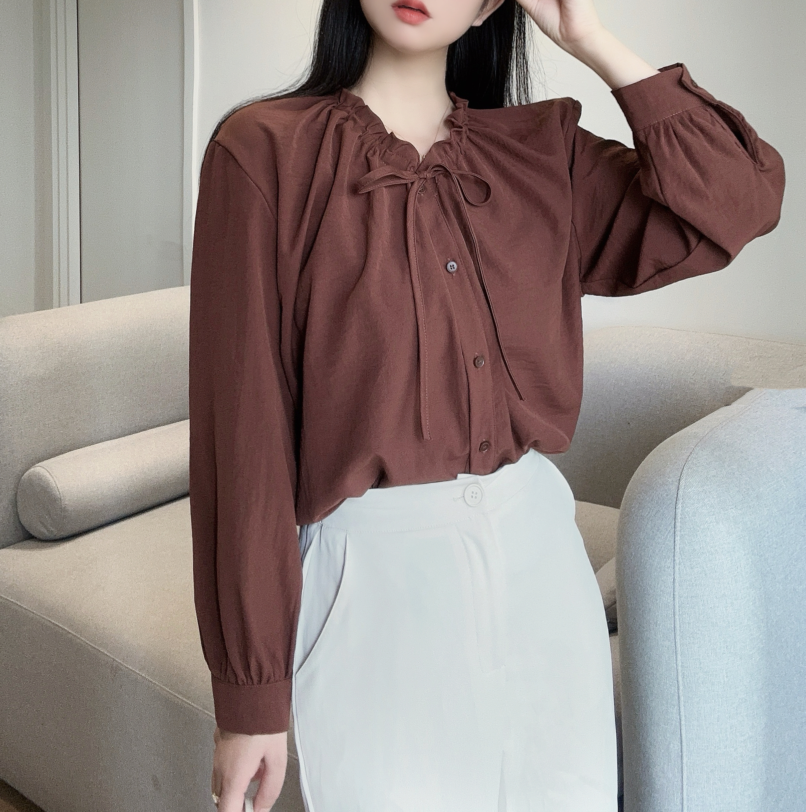 ドロストリボンネックボタンブラウス | 詳細画像6