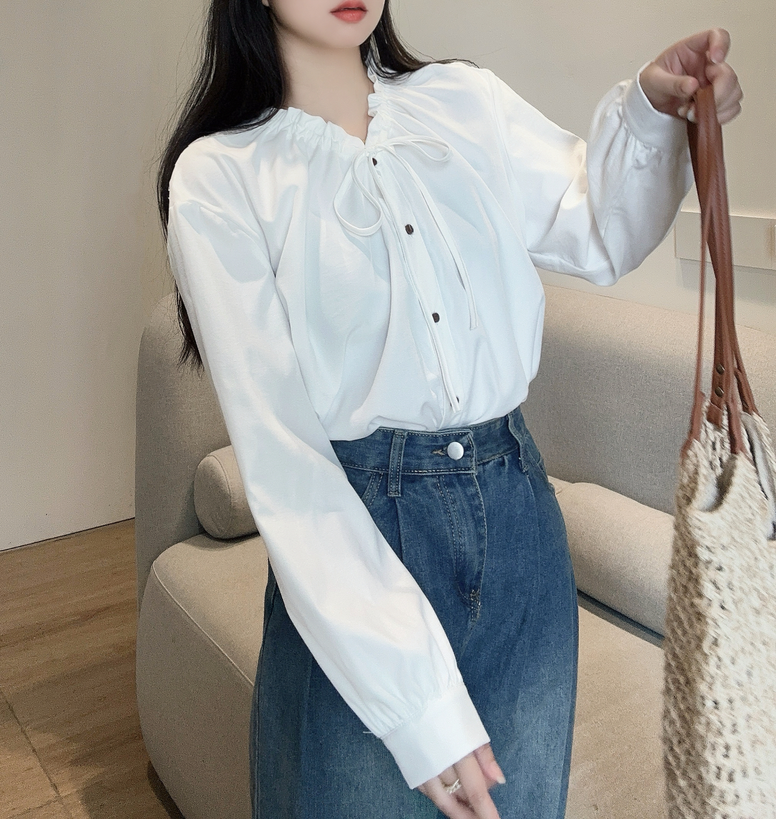 ドロストリボンネックボタンブラウス | 詳細画像9