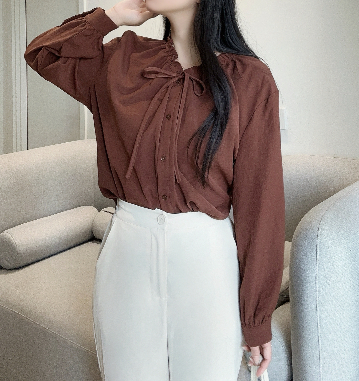 ドロストリボンネックボタンブラウス | 詳細画像14