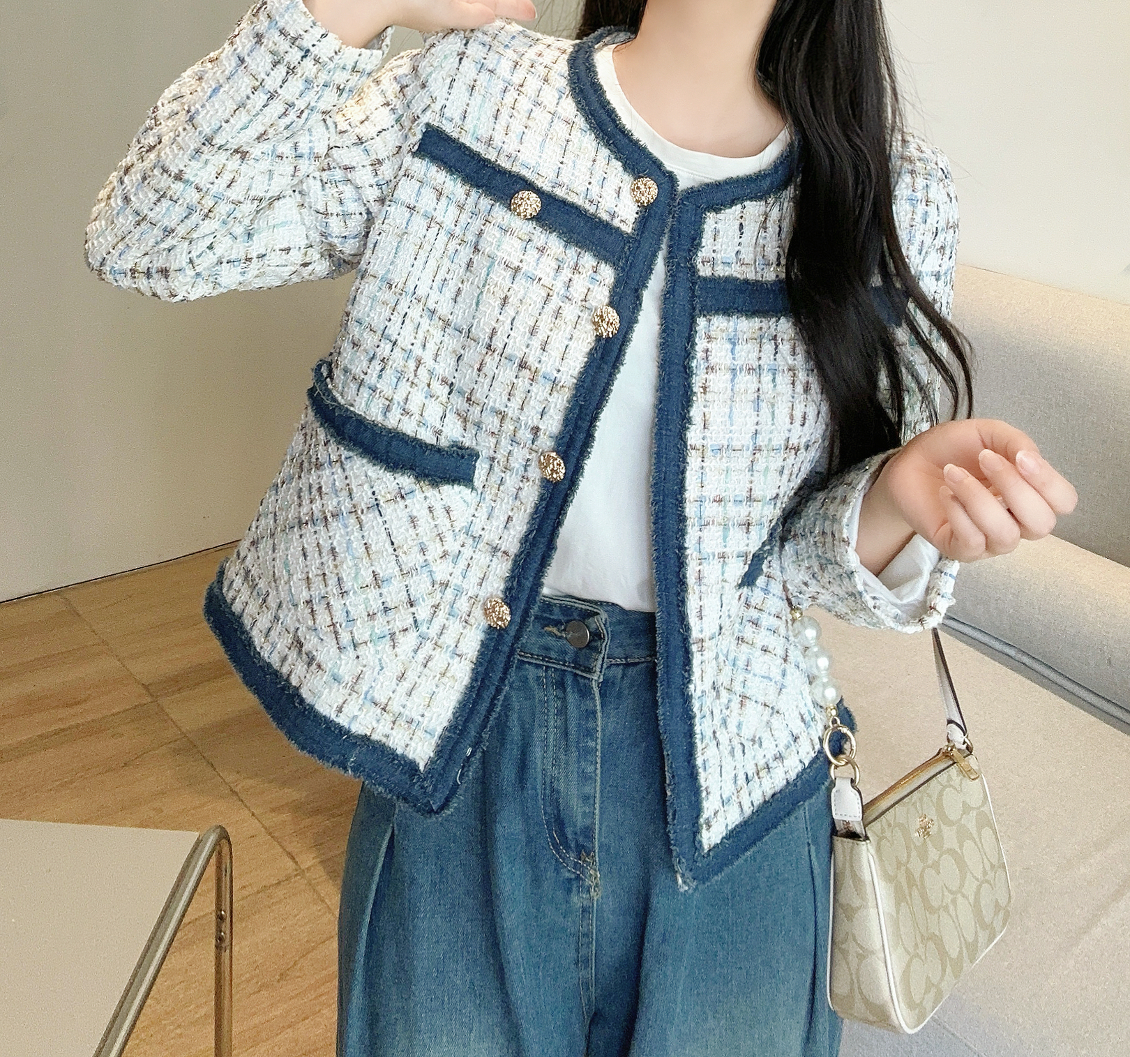 デニム配色ノーカラーツイードジャケット | レディースファッション