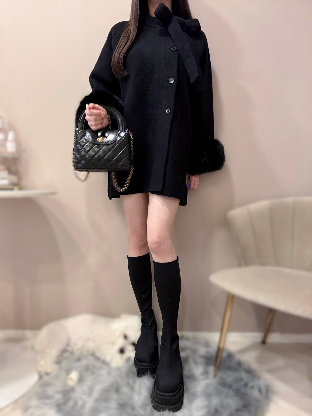 新品未使用タグ付き♡DHOLIC リボンネックエコファー付きウールコート エコファー付リボンネックハーフコート | レディース