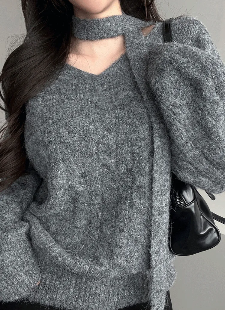 ボウタイ付Vネックケーブルニット | ganadaran | 詳細画像1