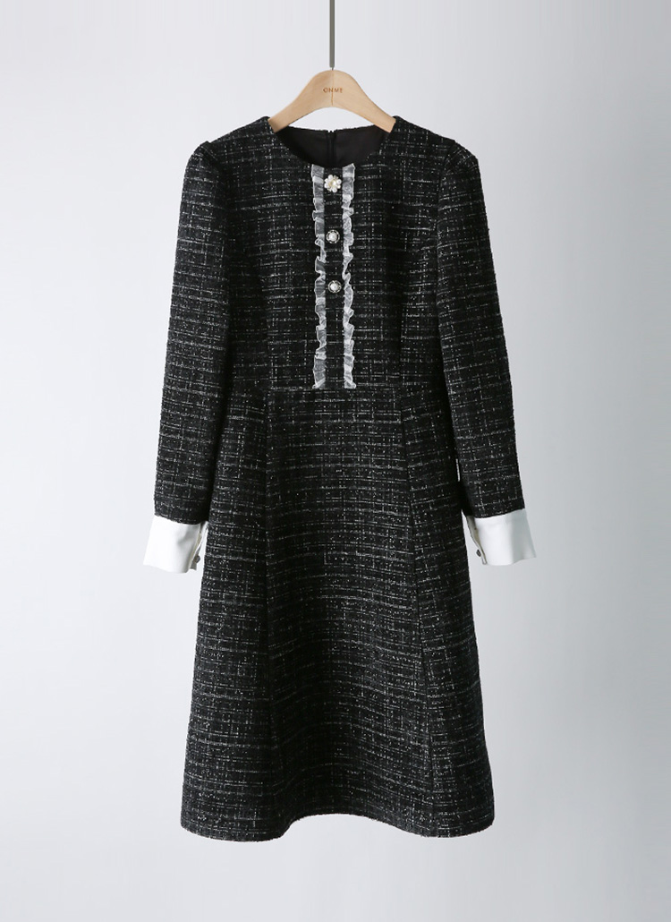 シフォンフリルパール調ボタン配色ツイードフレアワンピース