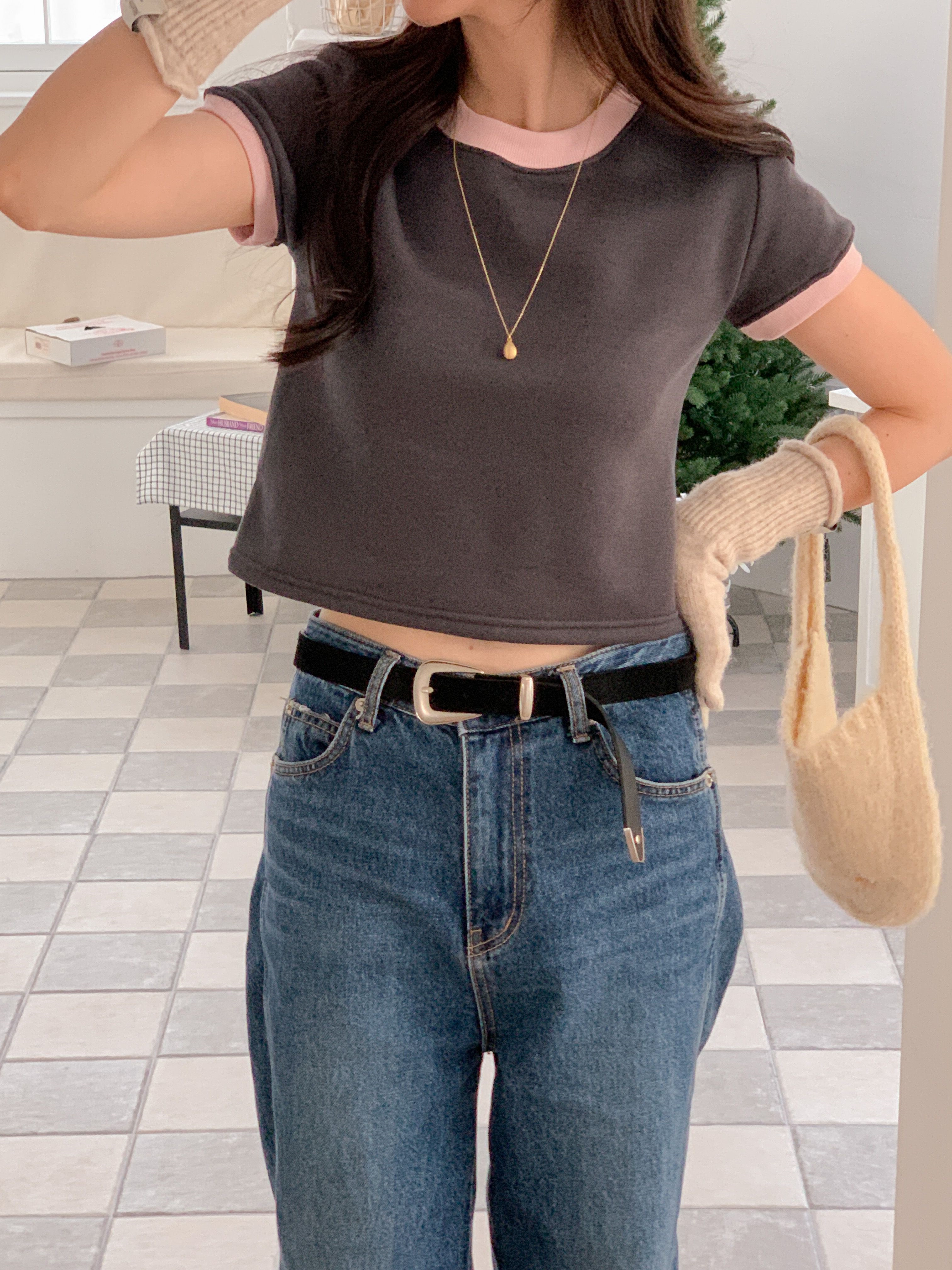 裏起毛配色クロップド半袖Tシャツ | 詳細画像3