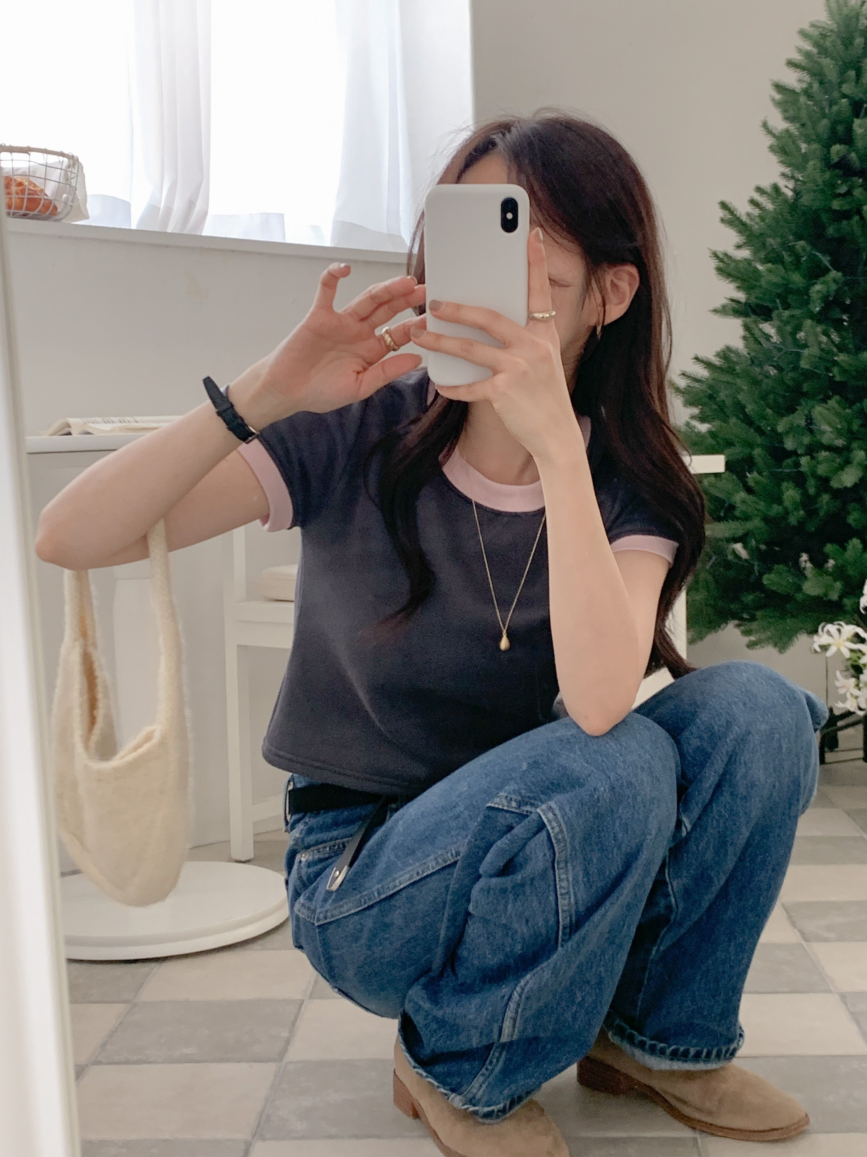 裏起毛配色クロップド半袖Tシャツ | 詳細画像8