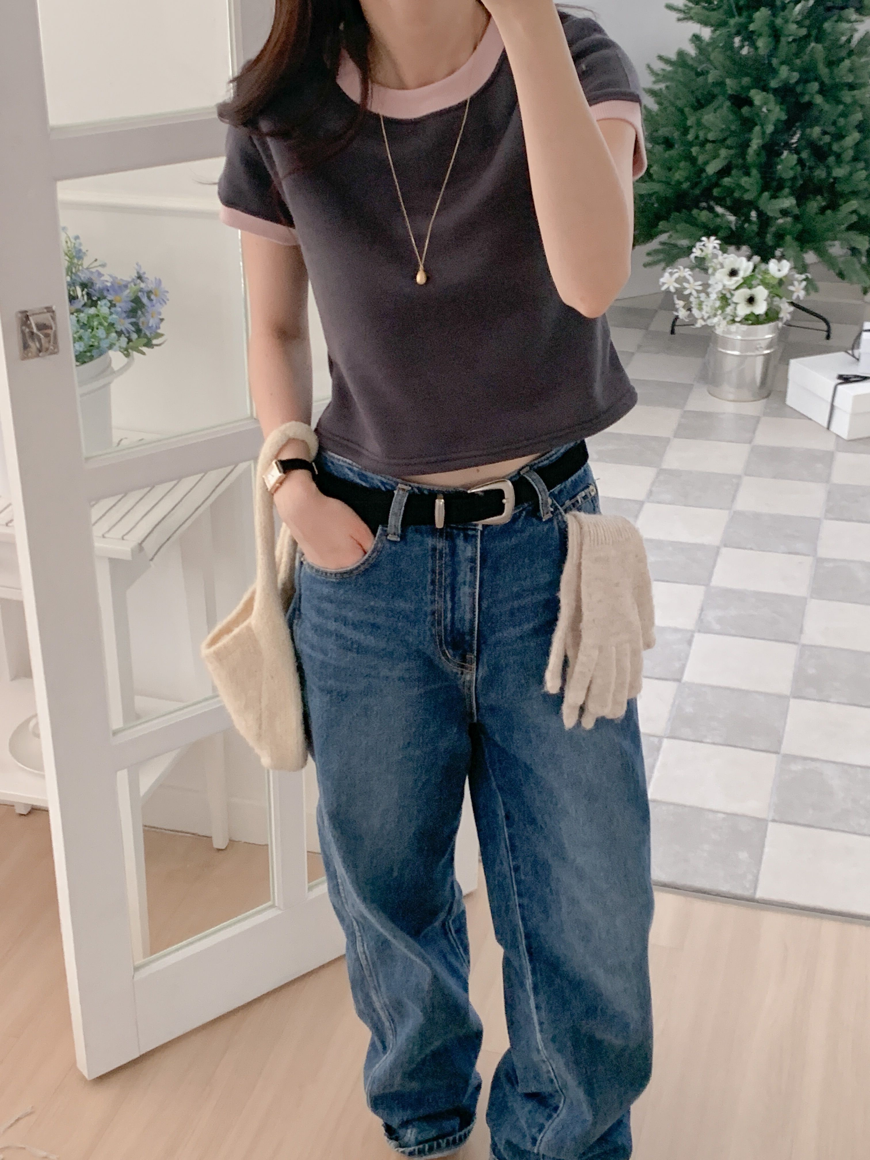 裏起毛配色クロップド半袖Tシャツ | 詳細画像9