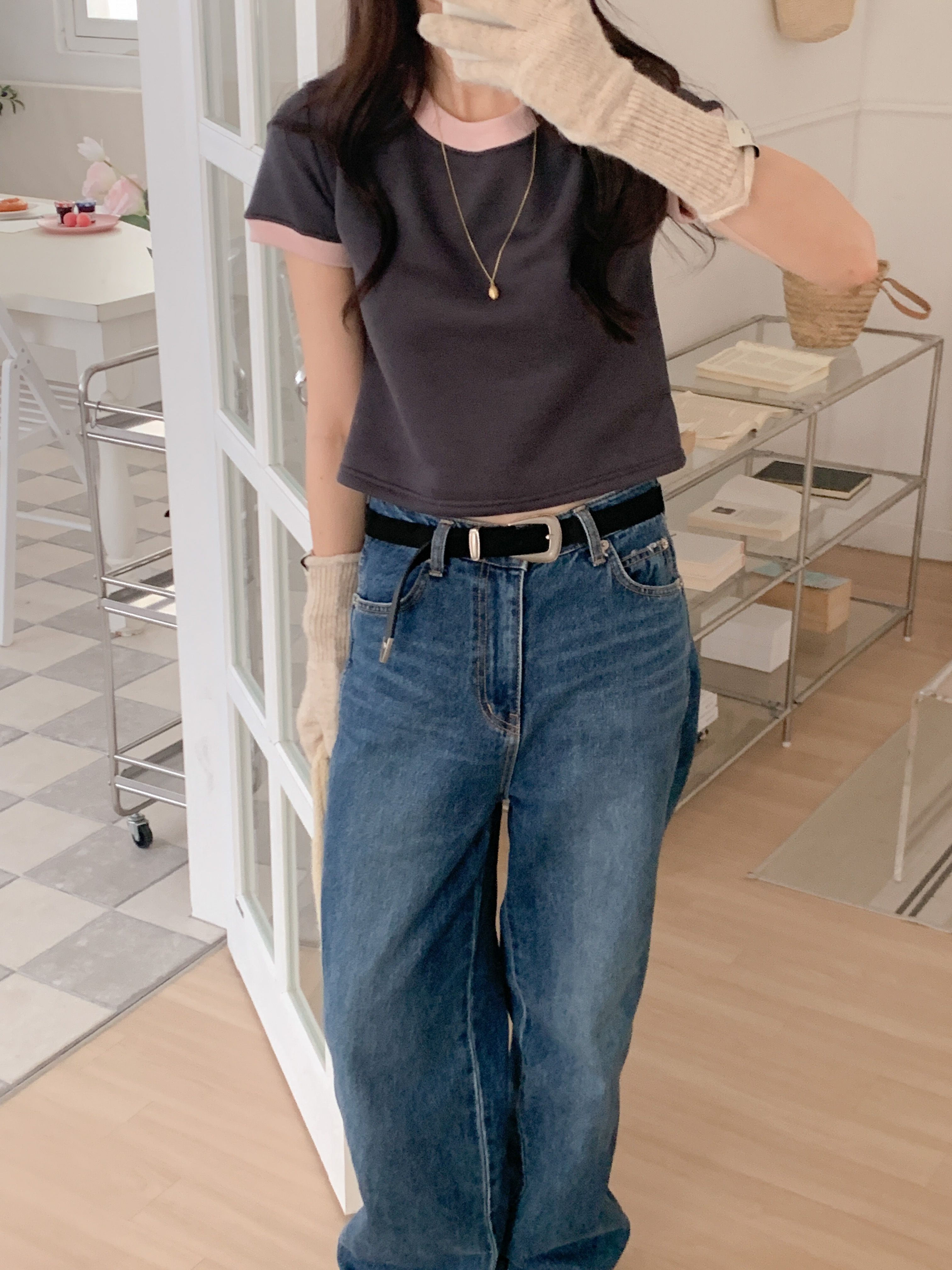 裏起毛配色クロップド半袖Tシャツ | 詳細画像12