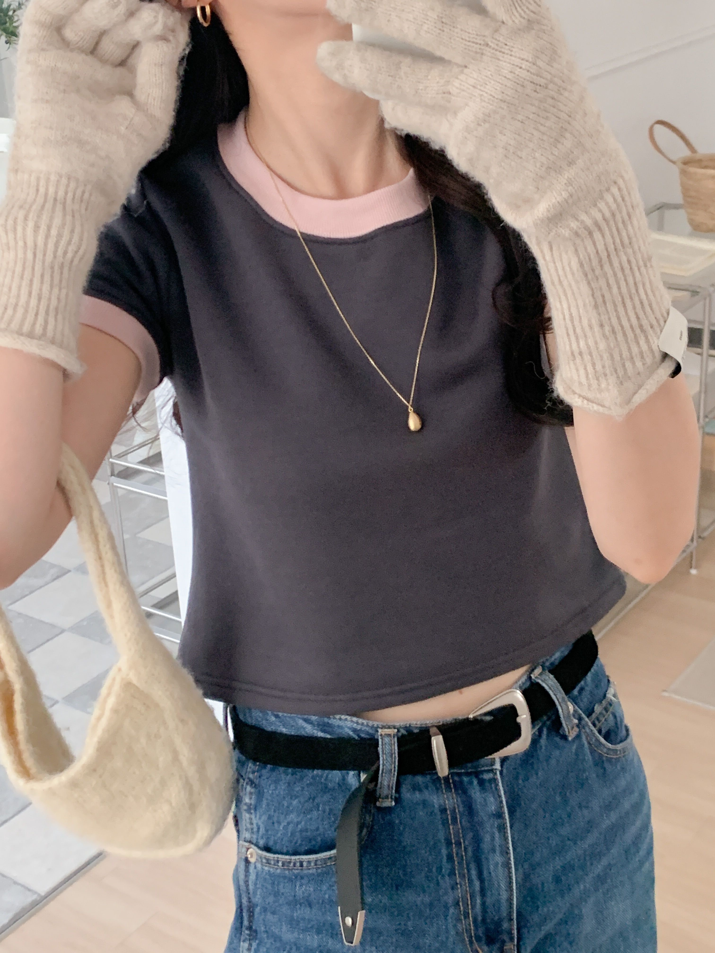 裏起毛配色クロップド半袖Tシャツ | 詳細画像14