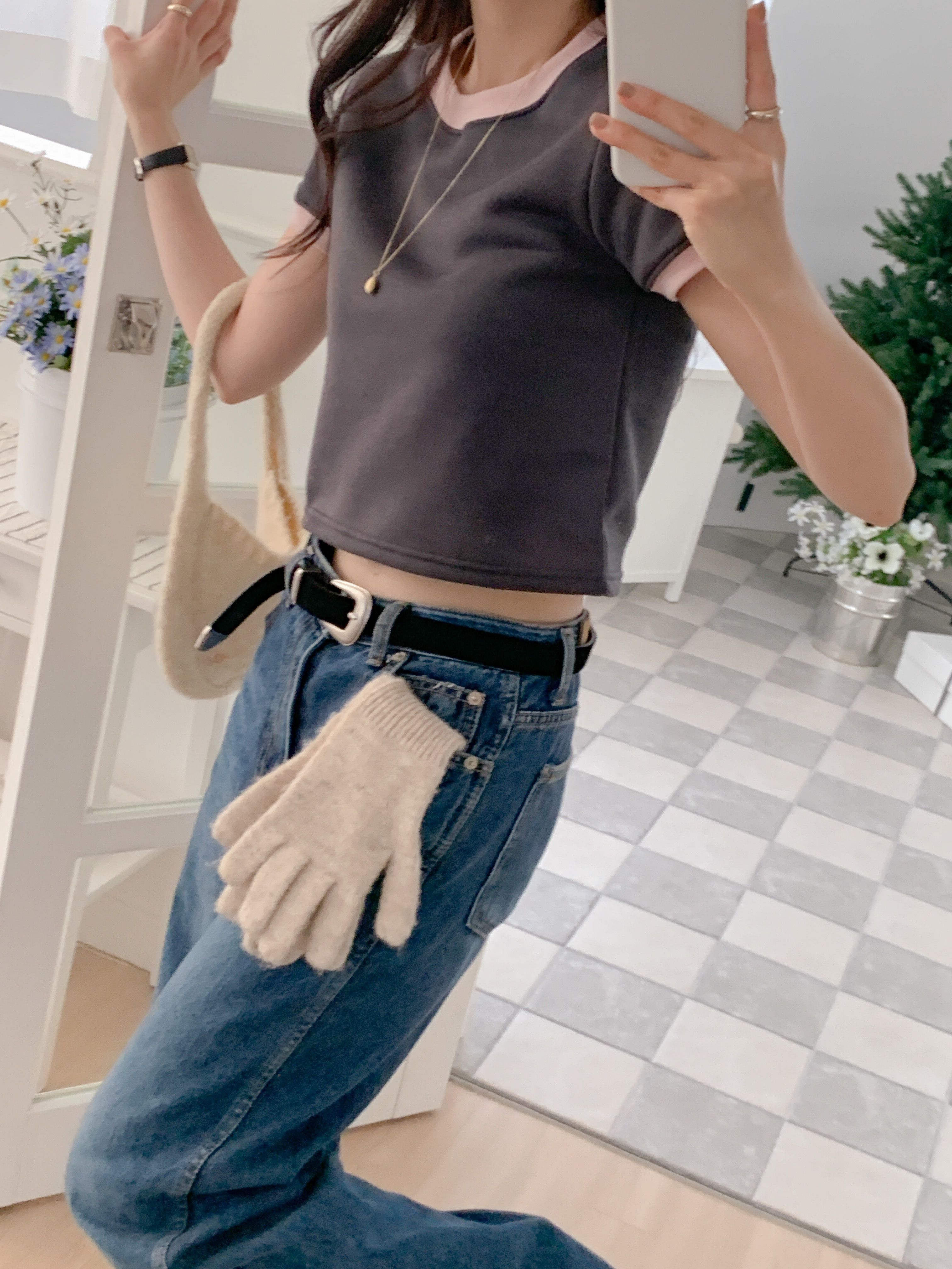 裏起毛配色クロップド半袖Tシャツ | 詳細画像15